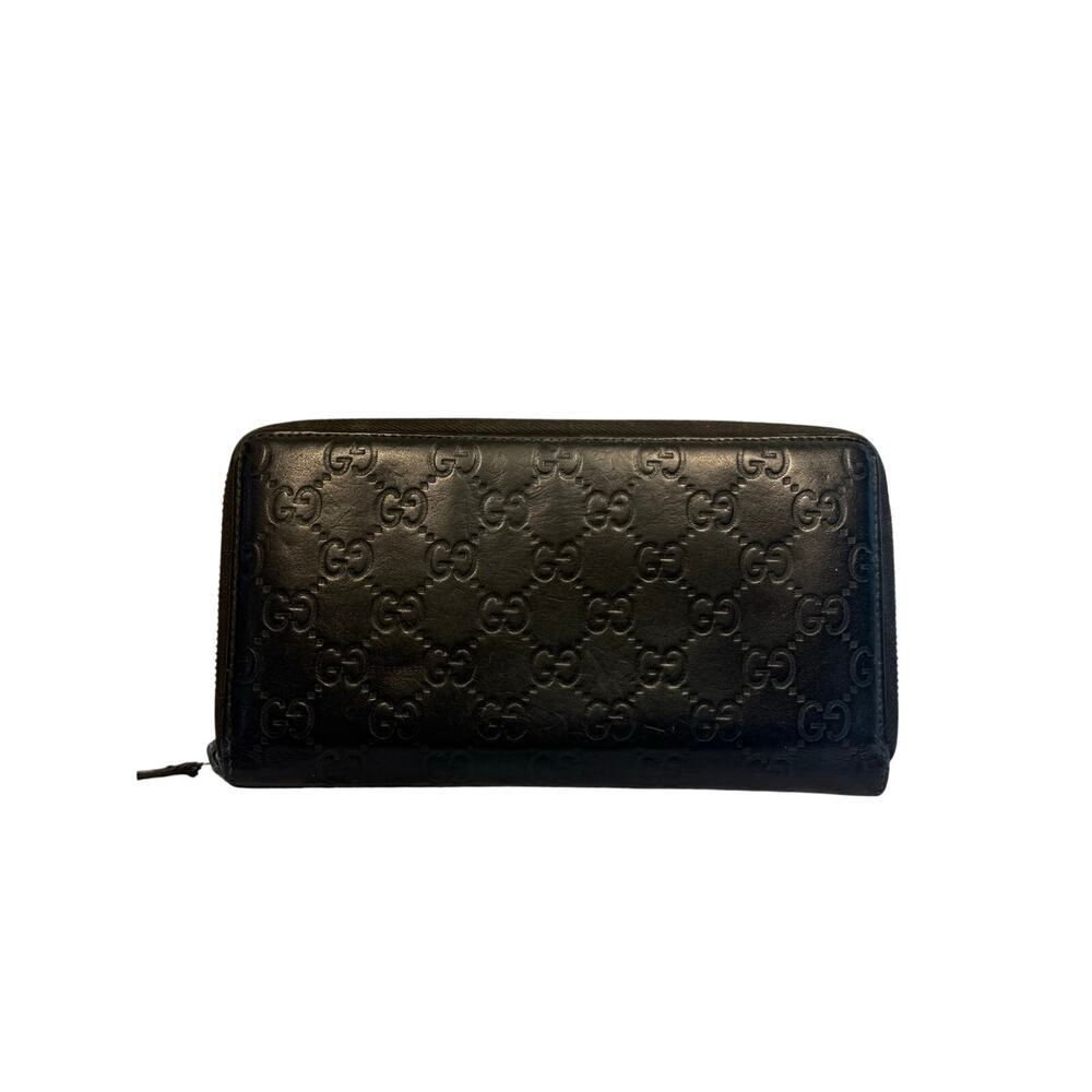 Gucci Black Guccissima Leather Zip Around Wallet Clutch Organizer